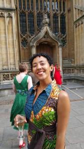 Caine Prize 2015 winner Namwali Serpell at the Bodleian Library Caine Prize announcement dinner. Serpell's dress is by Zambian designer Towani Clarke. Taken by Ranka Primorac.